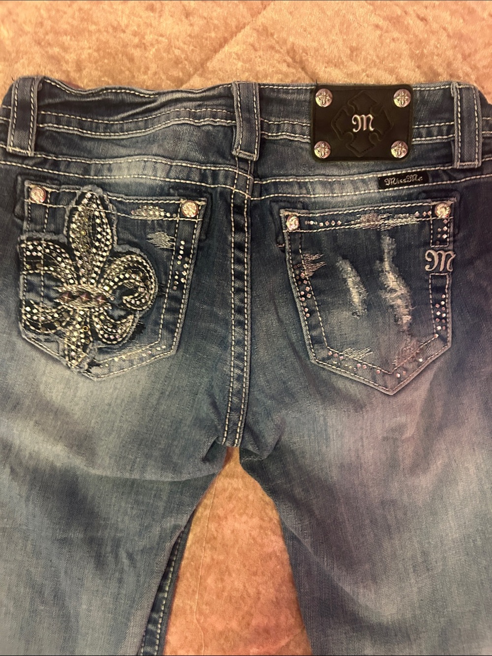 Miss Me Blue Embellished Skinny Jeans with Rhinestone Fleur-de-Lis